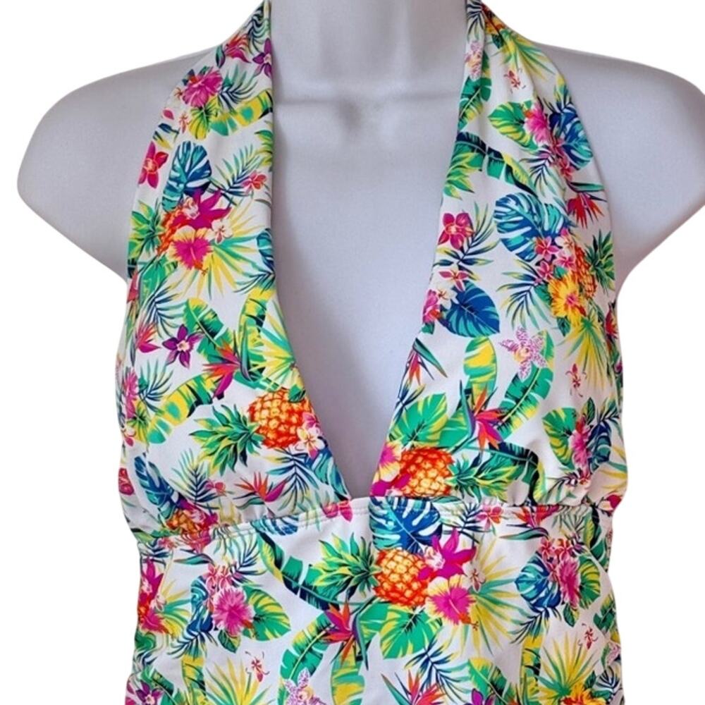 Firpearl White Tropical Pineapple Palm Halter Pin Up One Piece Swimsuit Size 12 - Picture 4 of 9